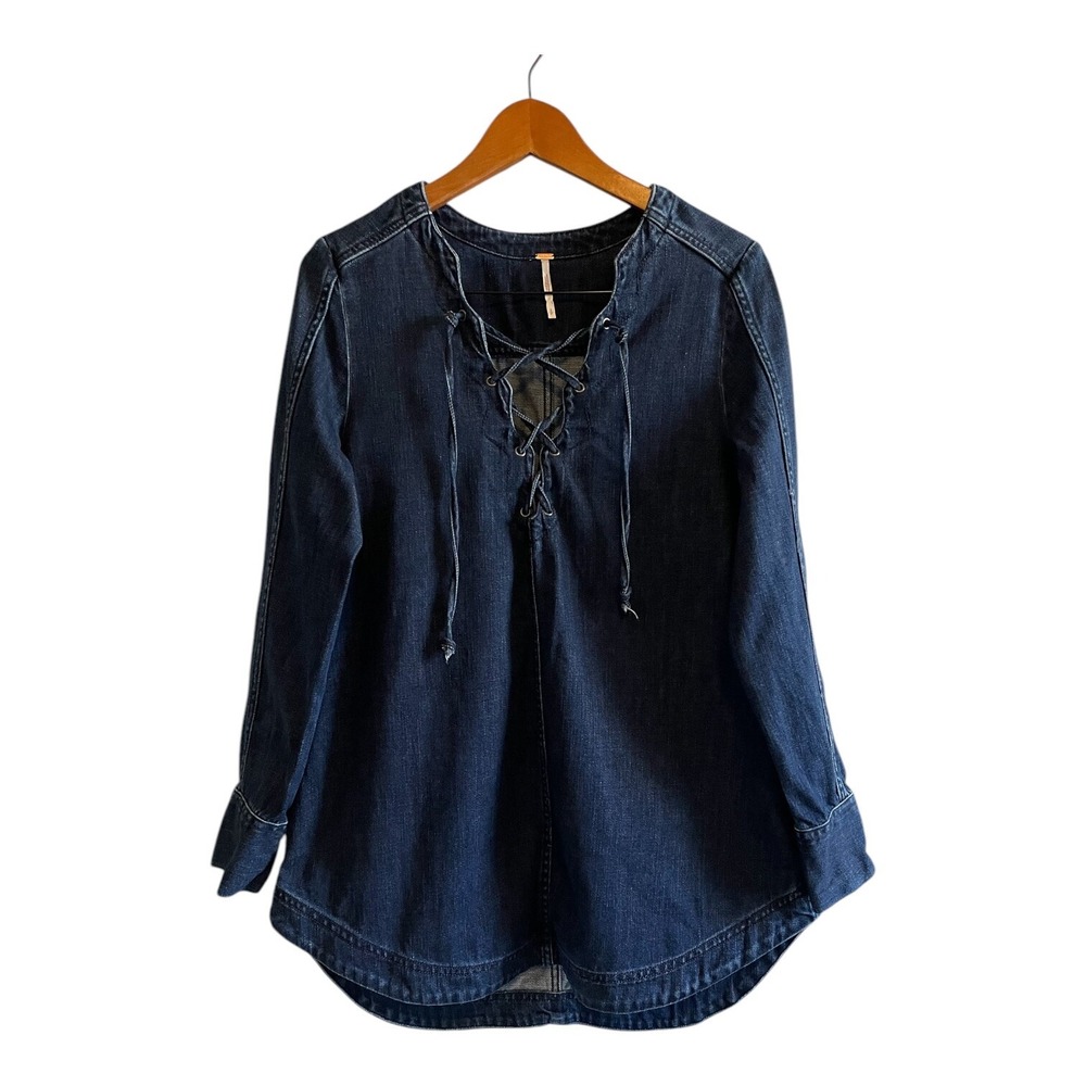 Free People Denim Tunic Size Small‎ Neopolitan Dreams Grunge Boho Blue Indigo
